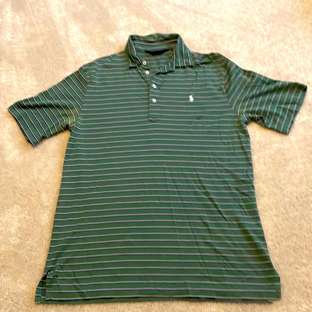 Men’s Polo Golf Shirt, Green w/ purple & white/silver stripes. Size Medium.